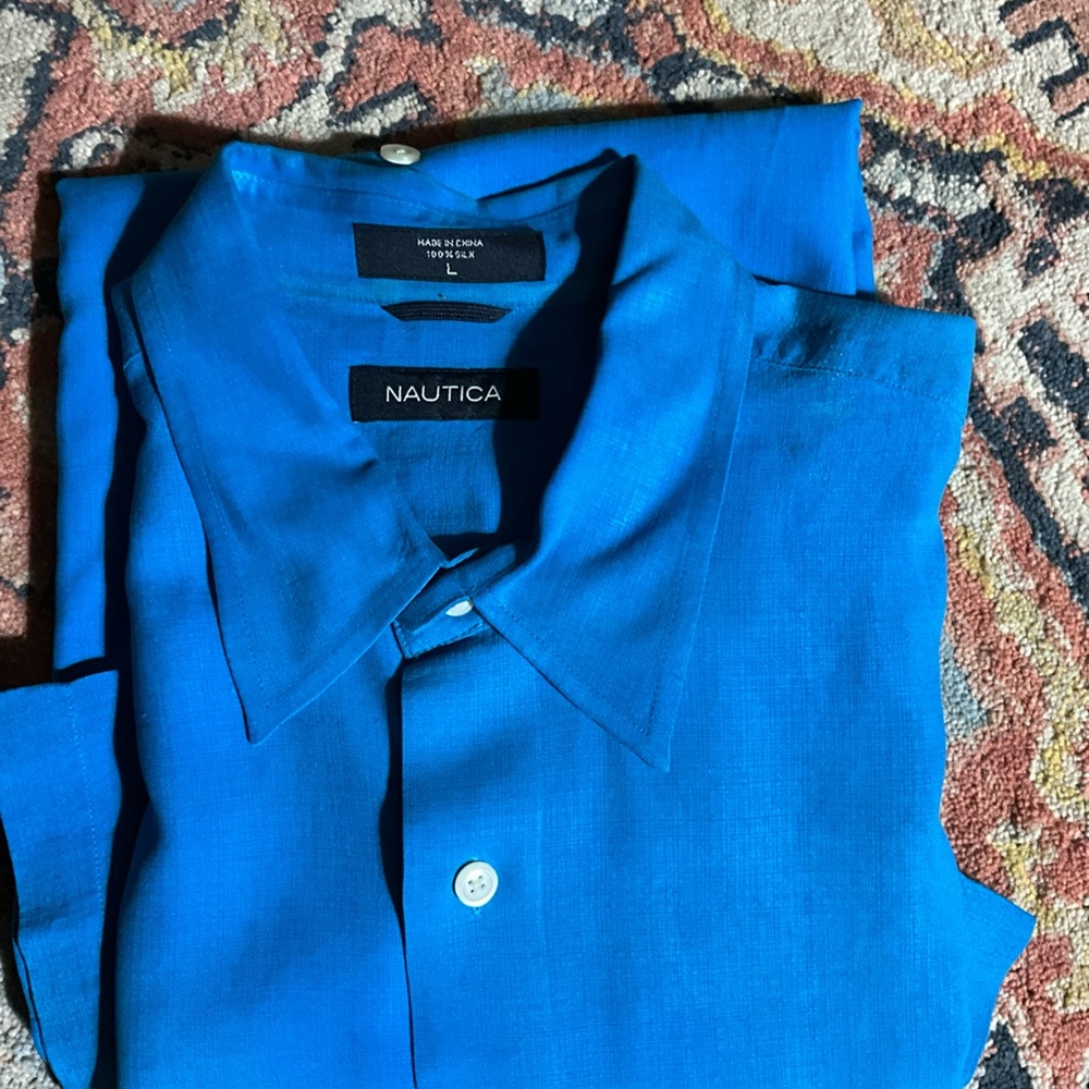 Nautical 100% Silk Short Sleeve Men’s Medium Shirt China Blue Color